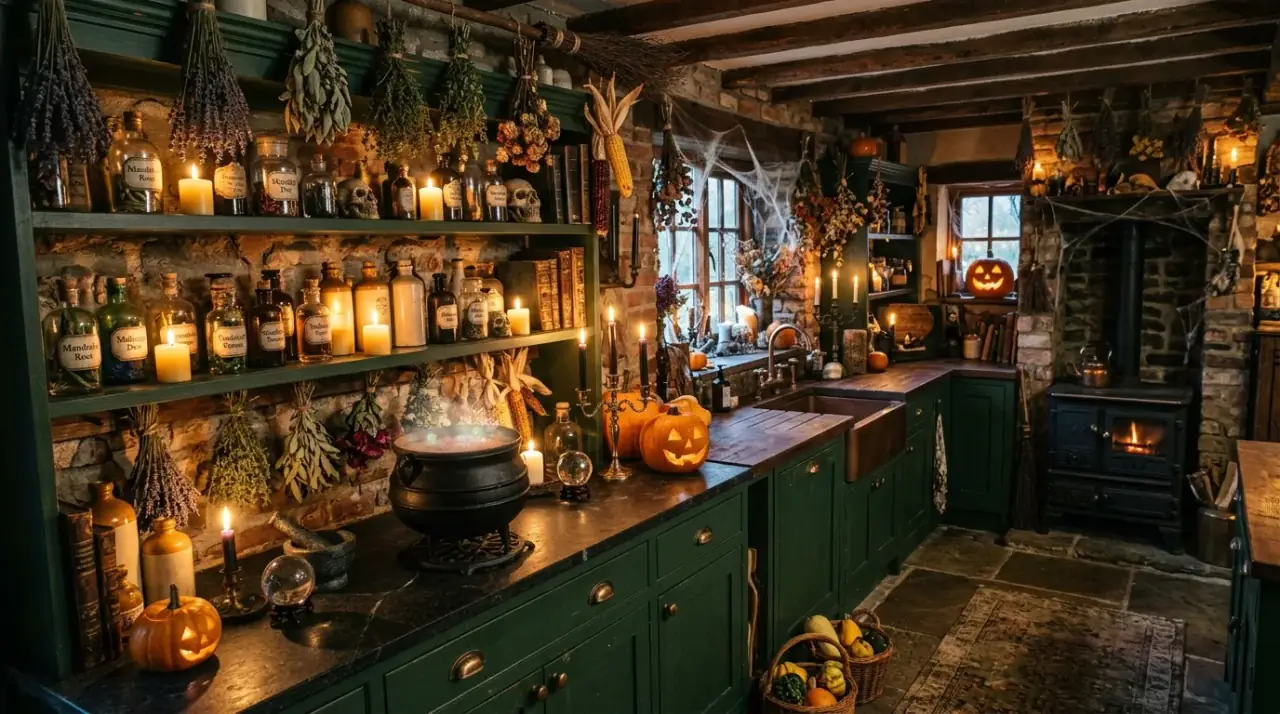 Potion coffee bar kitchen. Halloween beverage corner styled like a festive potion station.
