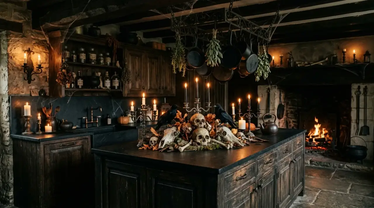 Halloween wreath in kitchen. Dark seasonal wreath bringing spooky style to a kitchen door or window.