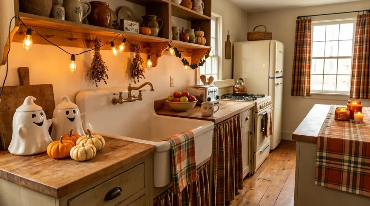 Apothecary jars Halloween kitchen. Festive glass jars adding spooky storage and seasonal character.