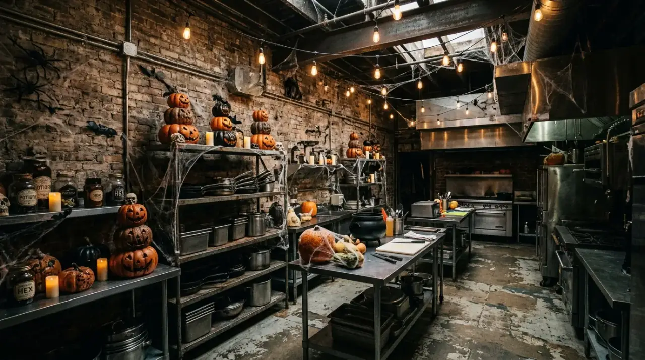 Halloween silhouettes in kitchen. Bat and raven accents adding subtle spooky character to the room.