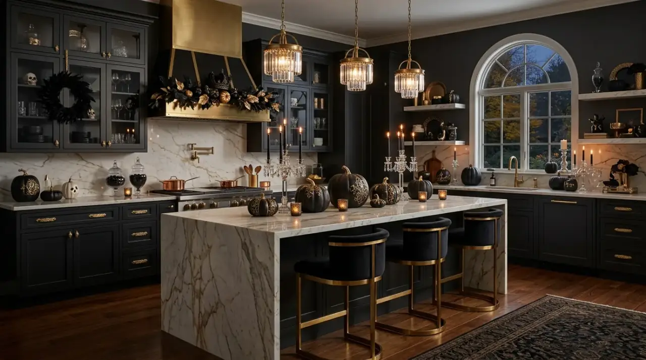 Warm orange Halloween kitchen. Amber-toned Halloween styling bringing richer seasonal color to the kitchen.