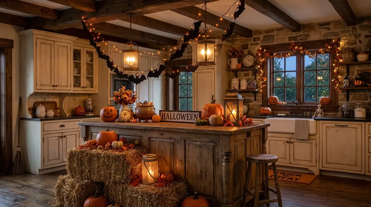 Vintage Halloween kitchen styling. Dark metal and vintage tray decor creating old-world seasonal drama.