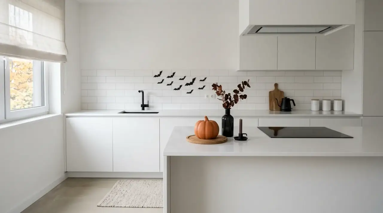 Dark Halloween kitchen window. Gauzy dark window styling adding a haunted seasonal mood.