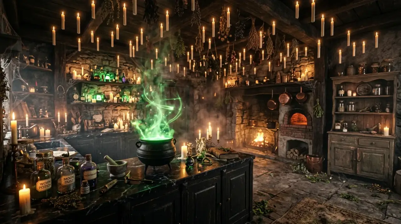 Halloween kitchen overview. Stylish spooky kitchen decor balancing mood, fun, and seasonal warmth.