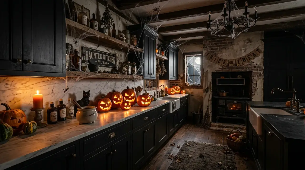Spooky Halloween kitchen decorated for a haunted holiday with warm moody seasonal styling.