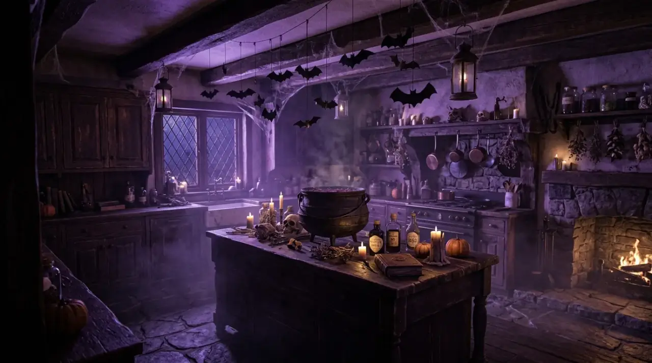Mini pumpkins in Halloween kitchen decor. Seasonal pumpkin styling adding playful haunted holiday charm.