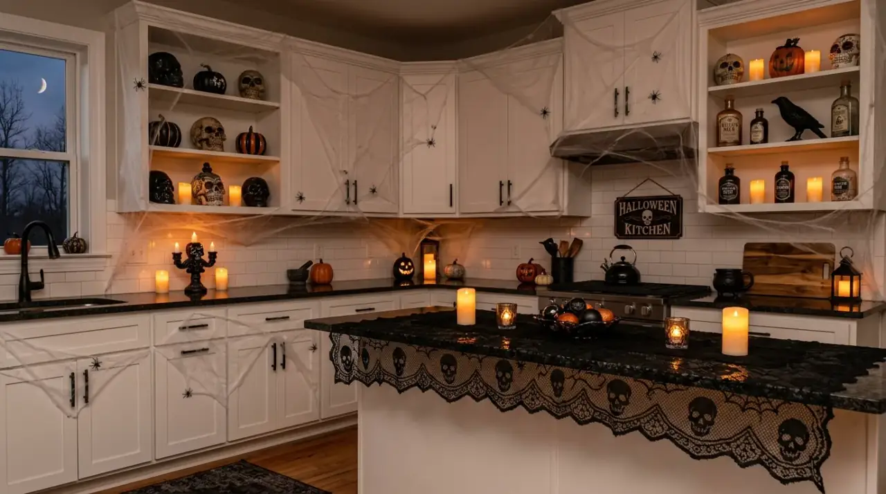 Dark floral Halloween kitchen decor. Moody seasonal flowers deepening the haunted holiday kitchen palette.