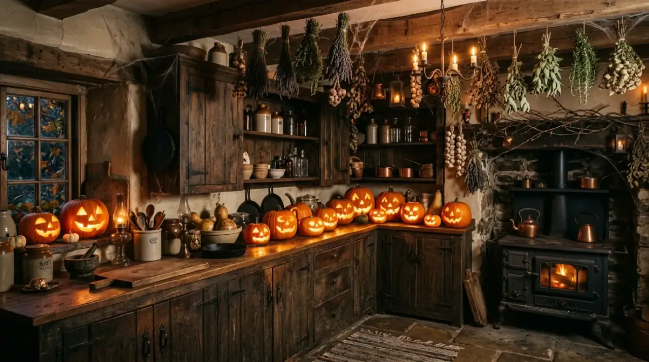 Halloween tray on kitchen island. Contained seasonal display creating a spooky focal point on the island.