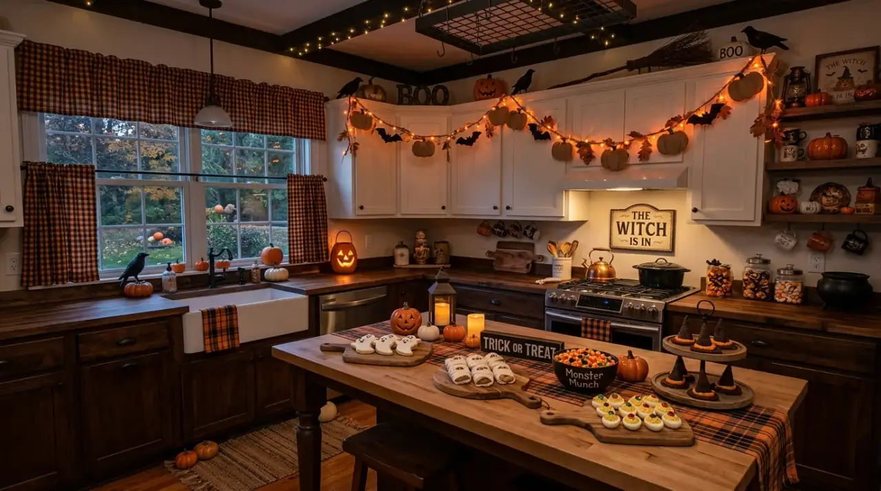 Halloween wreath in kitchen. Dark seasonal greenery adding a spooky focal detail to the kitchen.