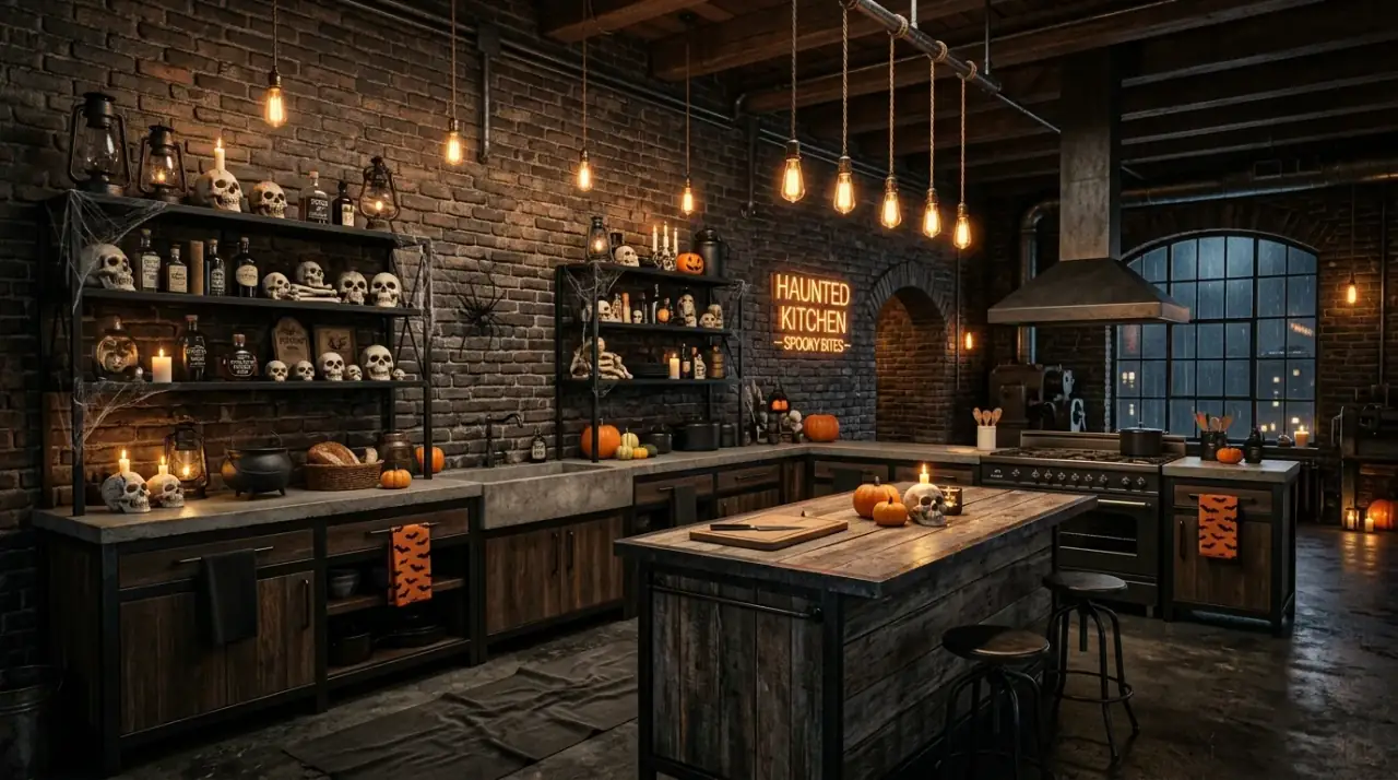 Halloween coffee corner. Spooky seasonal beverage setup adding fun to the kitchen.