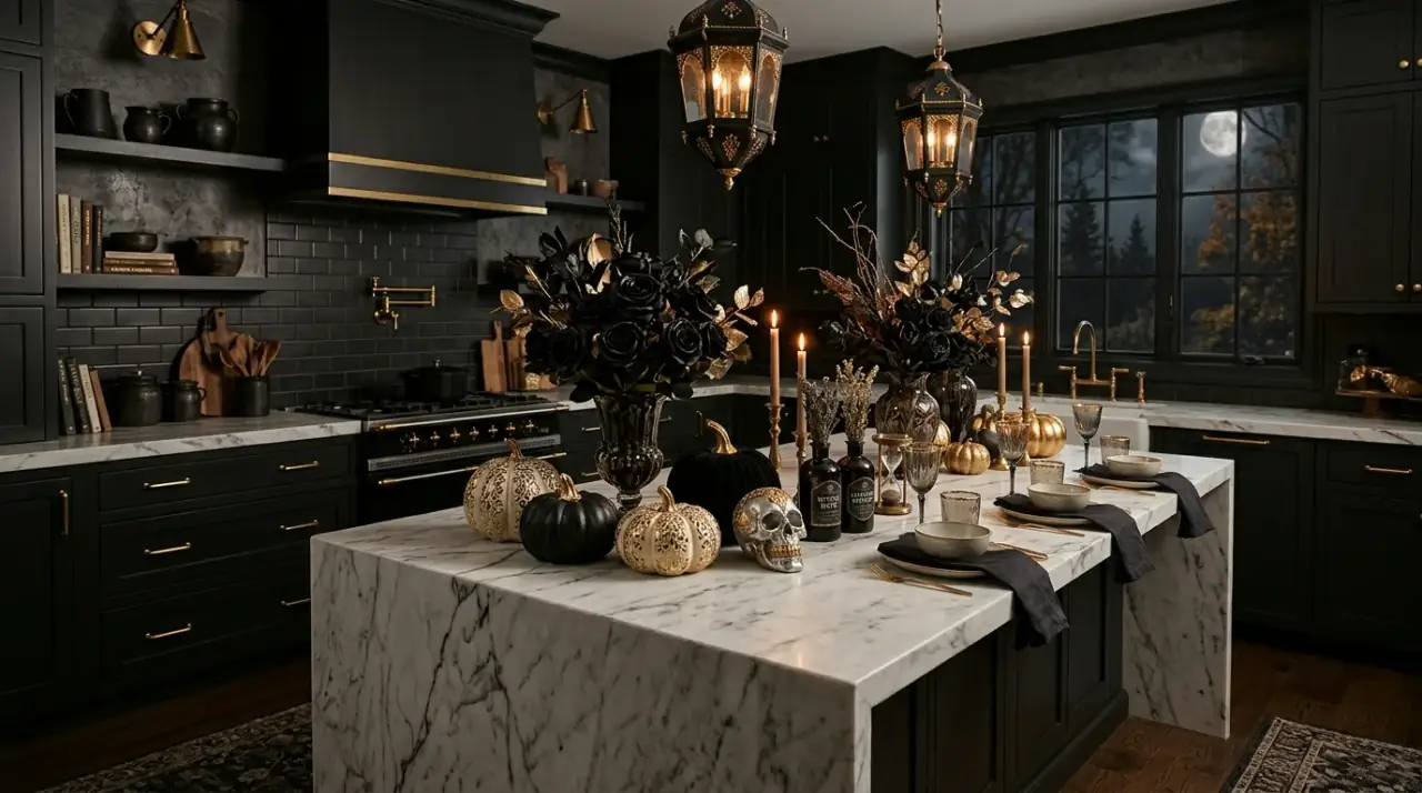 Halloween kitchen lighting. Warm dim lighting deepening the haunted seasonal atmosphere.