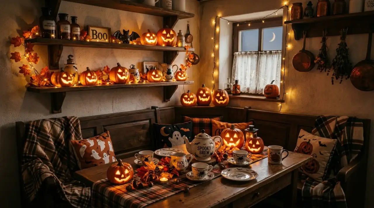 Vintage Halloween sign in kitchen. Curated seasonal signage adding nostalgic haunted holiday charm.
