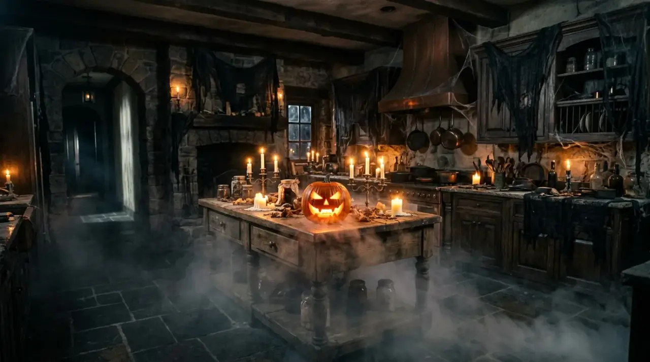 Functional Halloween kitchen decor. Spooky seasonal styling balanced with practical everyday kitchen use.