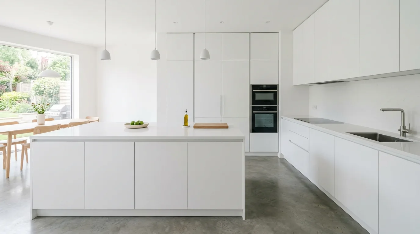 Sleek modern kitchen with streamlined built-in appliances and integrated cabinetry.