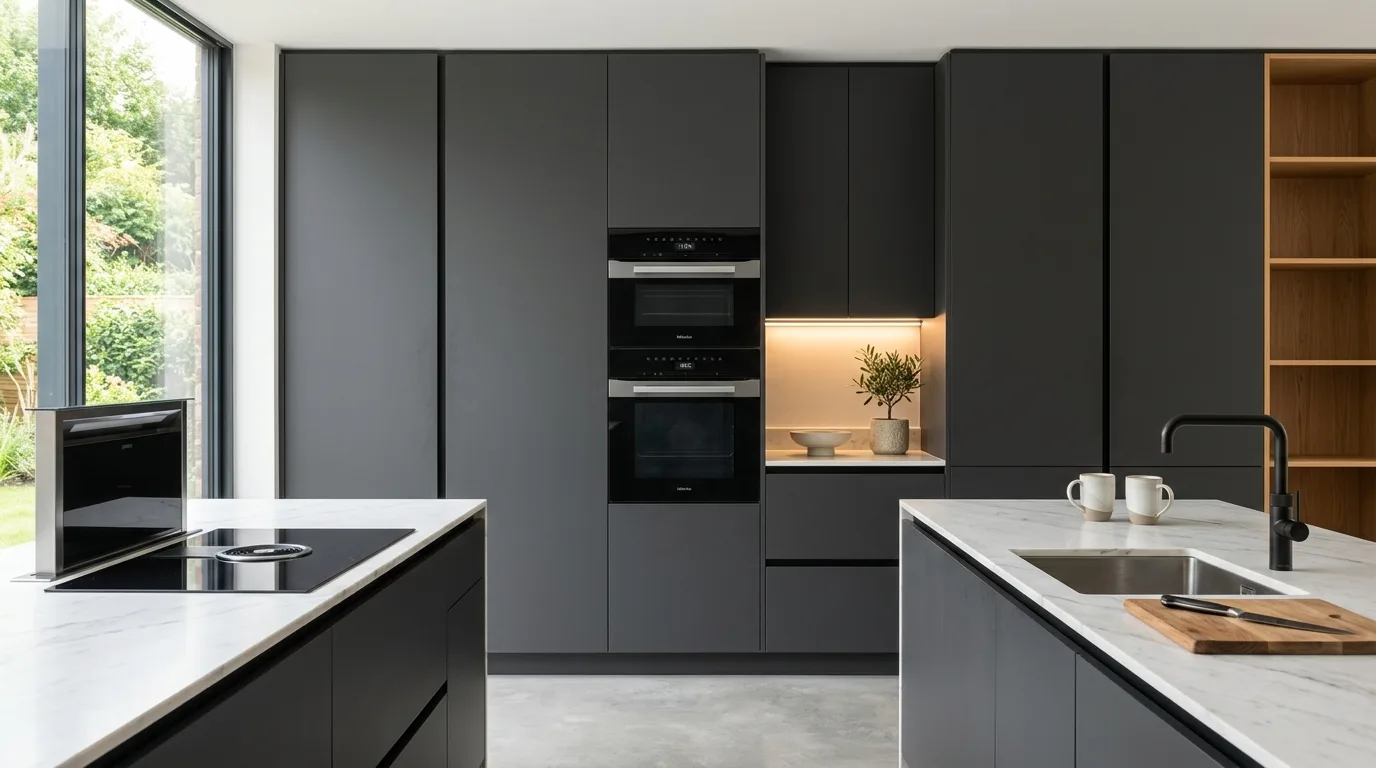 Double built-in ovens in tall cabinetry. Streamlined modern kitchen with neatly stacked cooking appliances.