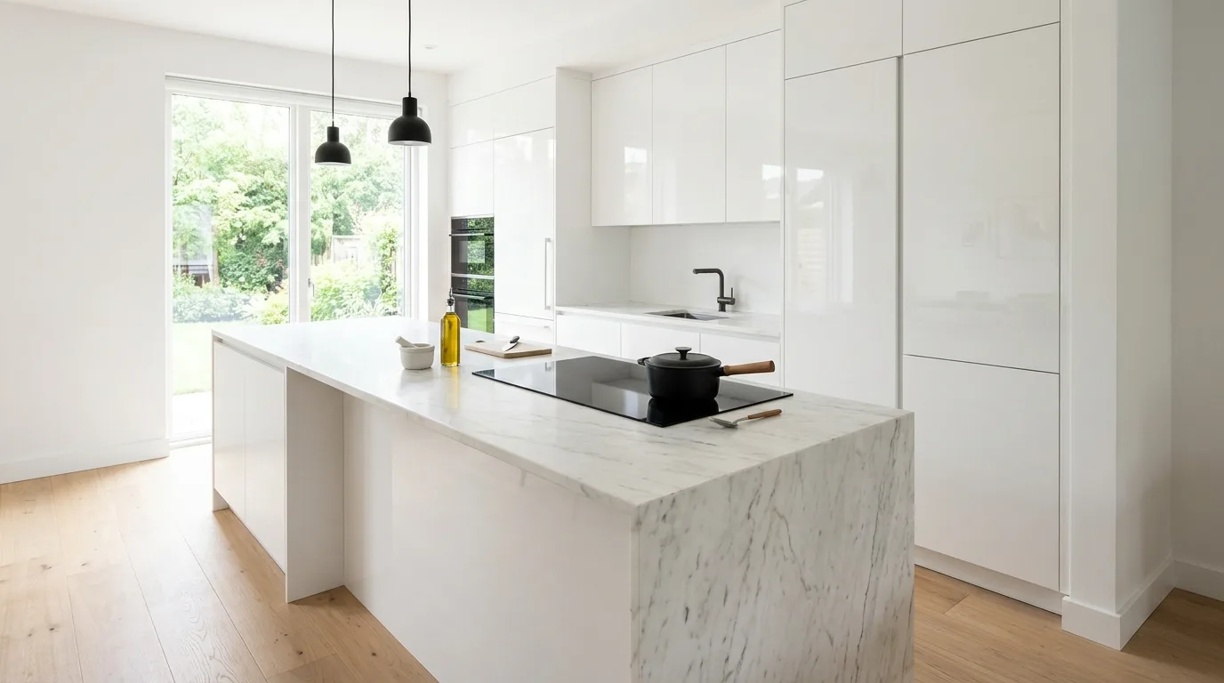 Hidden built-in microwave behind cabinet doors. Clean modern kitchen with concealed appliance storage.