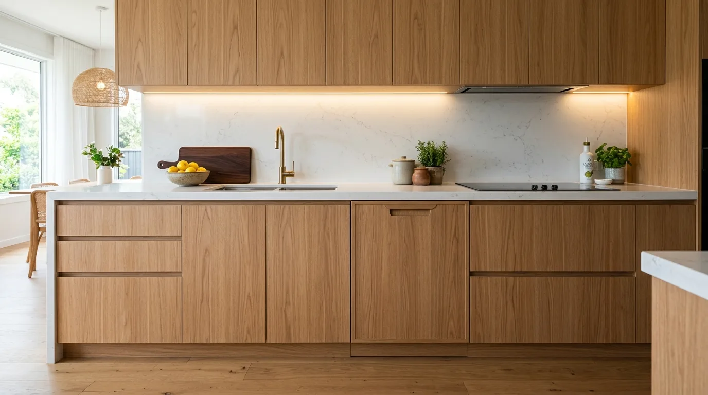 Built-in coffee station with pocket doors. Sleek modern kitchen appliance zone hidden inside cabinetry.