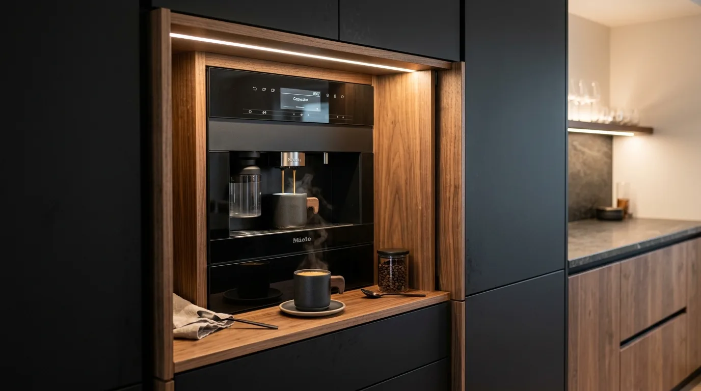 Flush induction cooktop in modern stone counter. Streamlined appliance integration and sleek cooking surface.