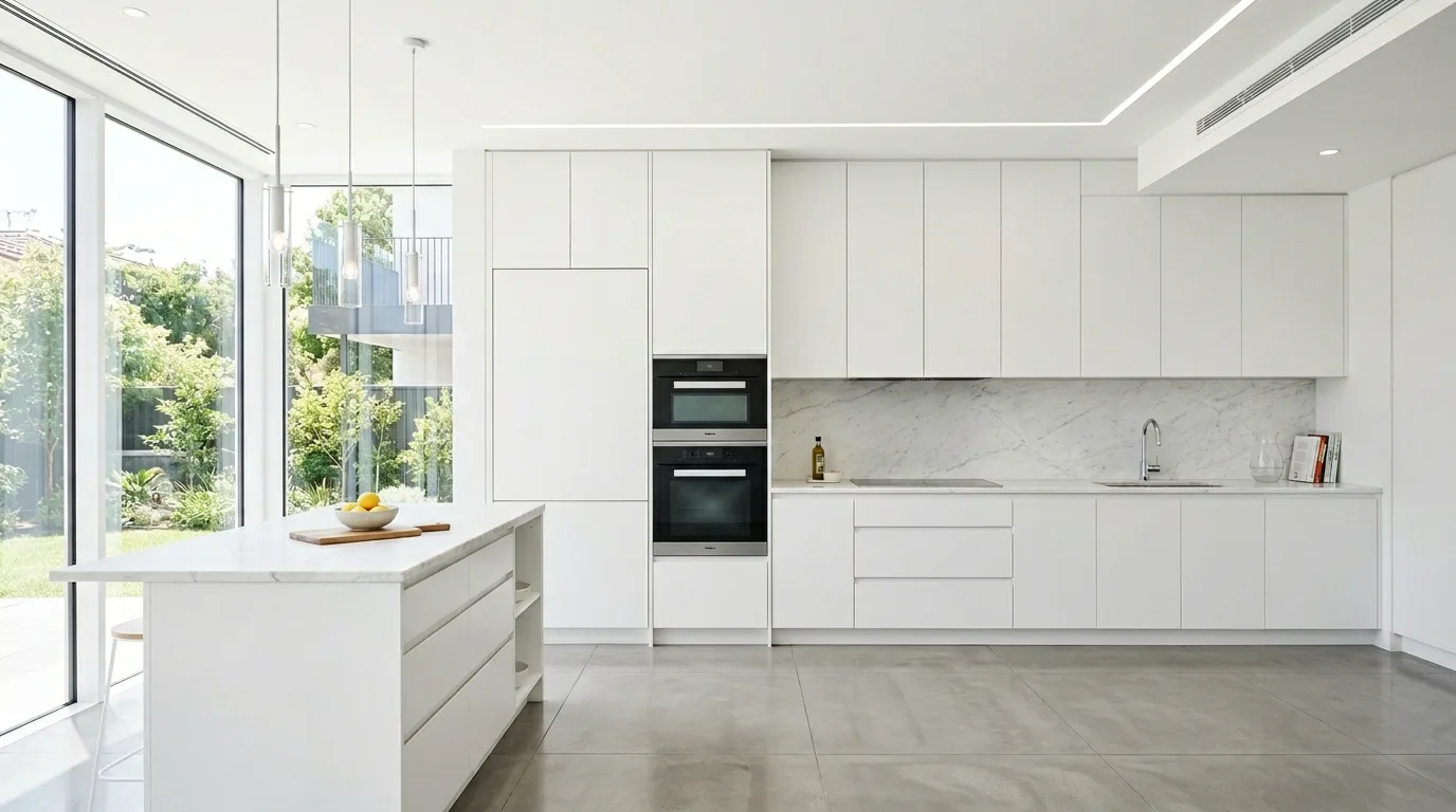 Built-in steam oven and wall oven pairing. Modern kitchen with aligned integrated cooking appliances.