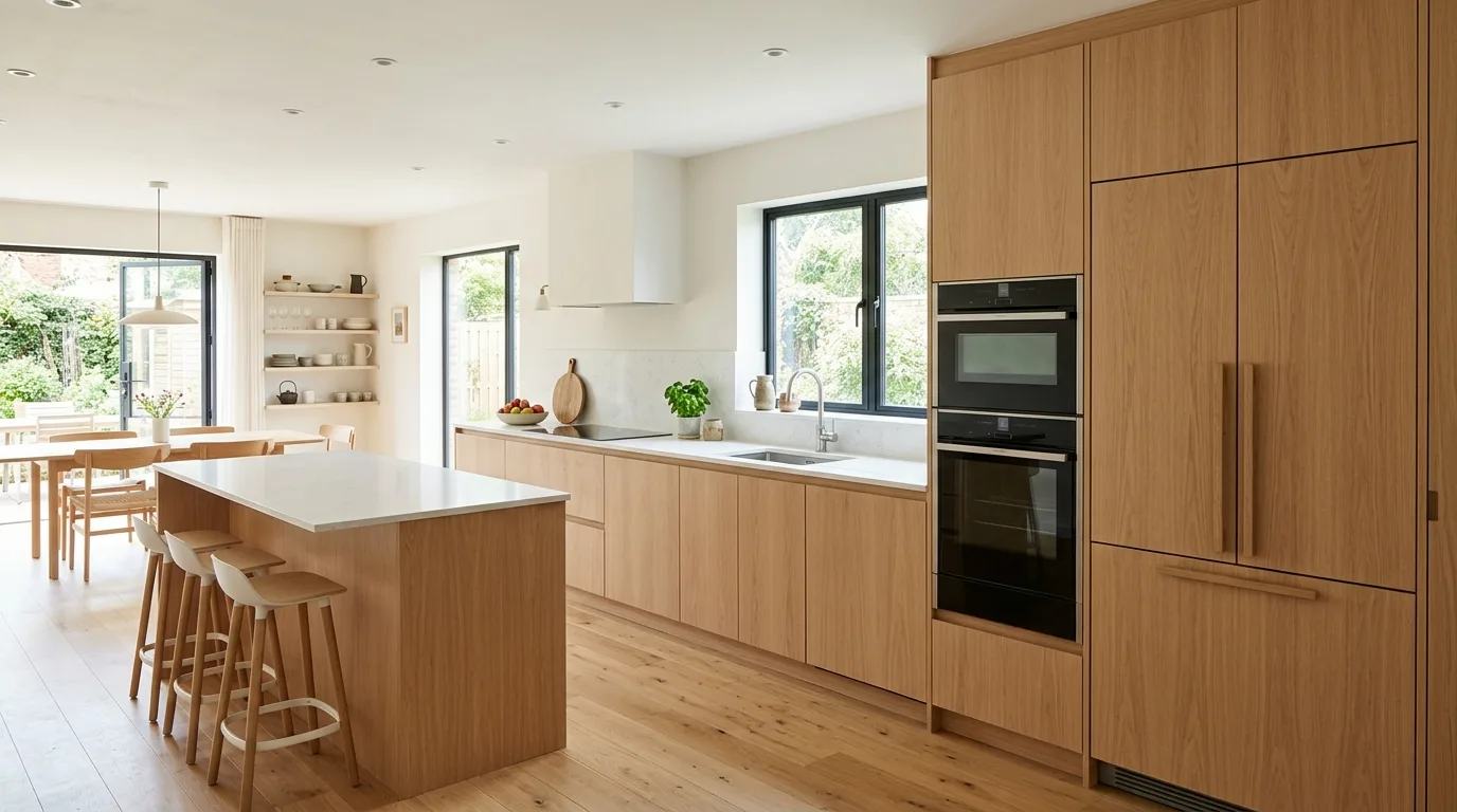 Under-counter beverage fridge in kitchen island. Sleek modern kitchen with integrated drink storage.