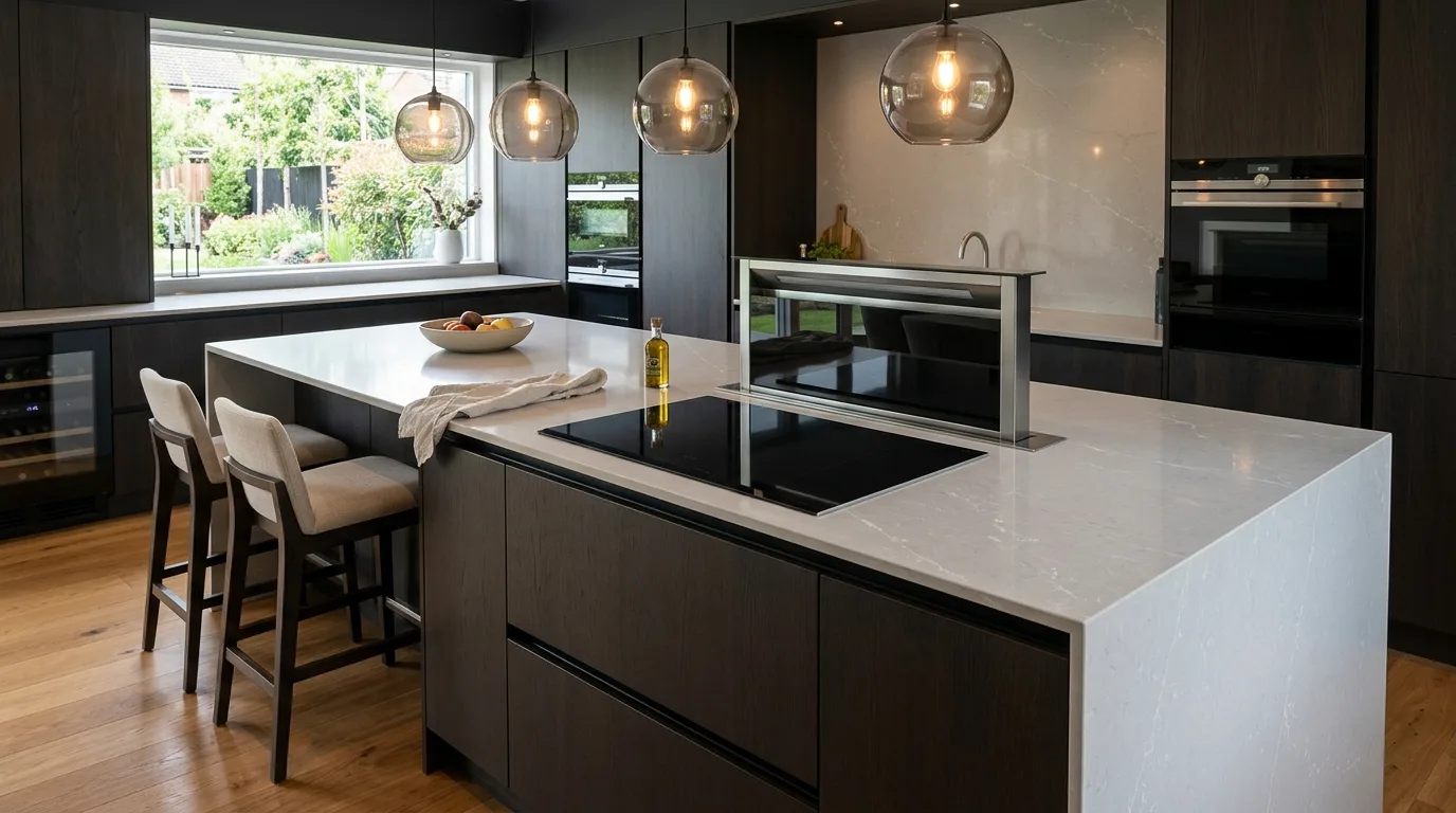 Panel-ready dishwasher in sleek modern kitchen. Integrated base cabinetry and seamless sink-zone appliances.