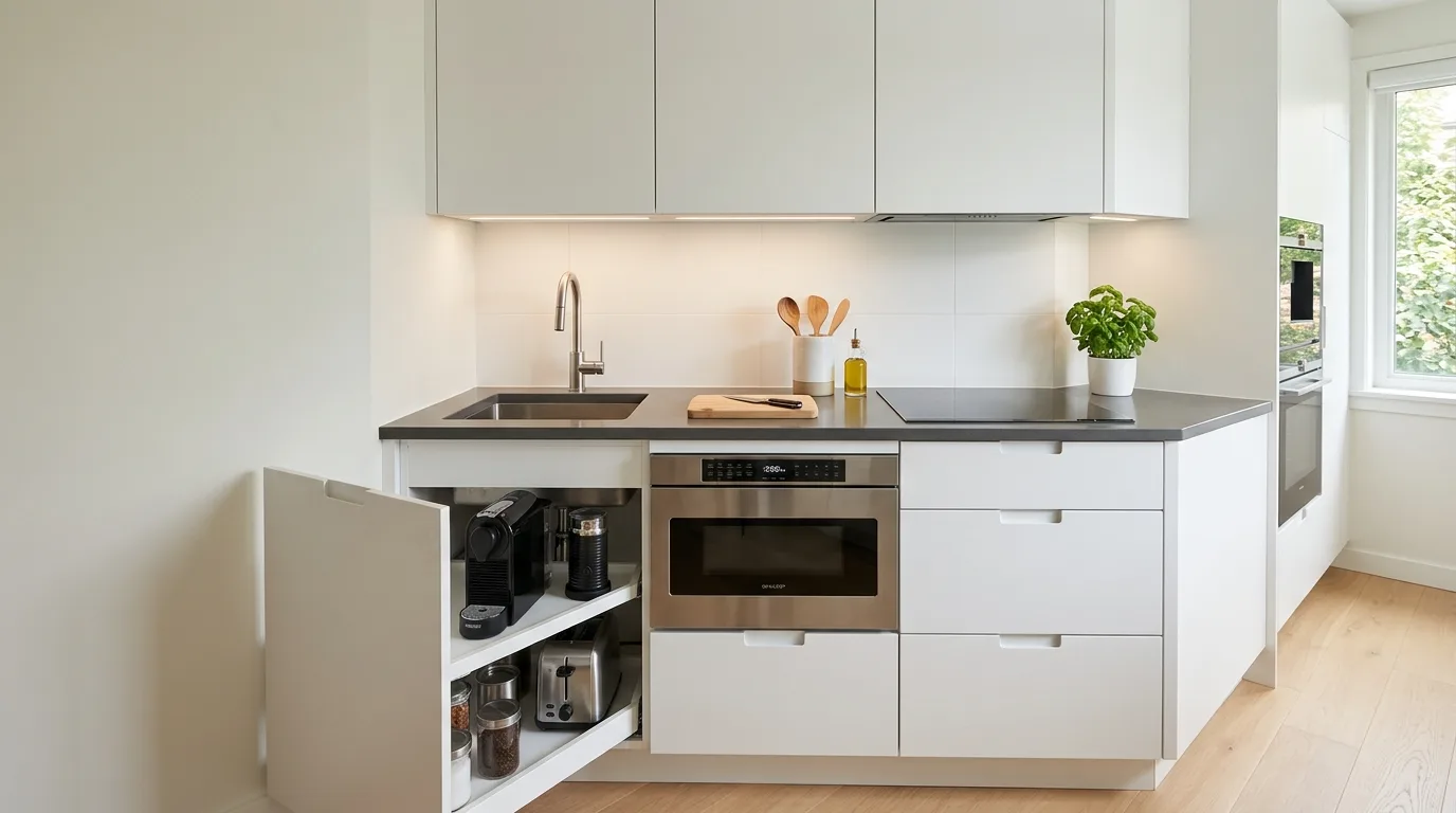 Built-in warming drawer under wall oven. Modern kitchen with stacked integrated cooking appliances.