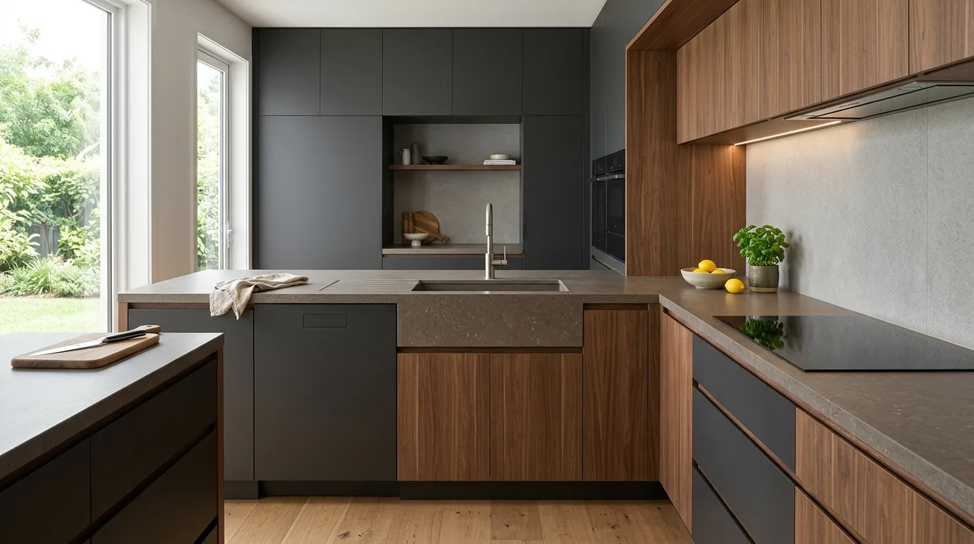 Hidden vent hood in modern kitchen cabinetry. Seamless upper cabinets and streamlined appliance integration.