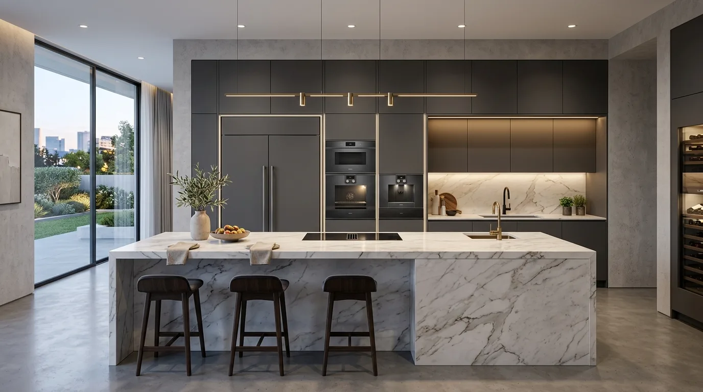Full built-in appliance wall in sleek kitchen. Integrated lighting and streamlined modern appliance design.