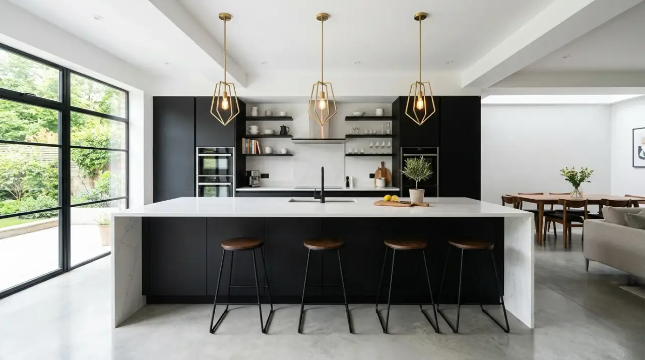 Striking modern kitchen island design creating a contemporary focal point through form, material, and scale.