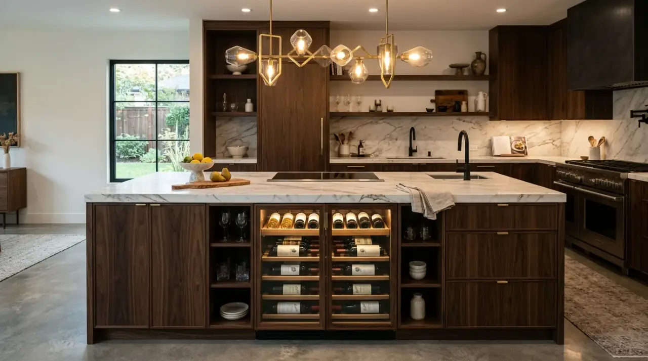 Waterfall edge island. Modern kitchen island with crisp waterfall countertop edges.