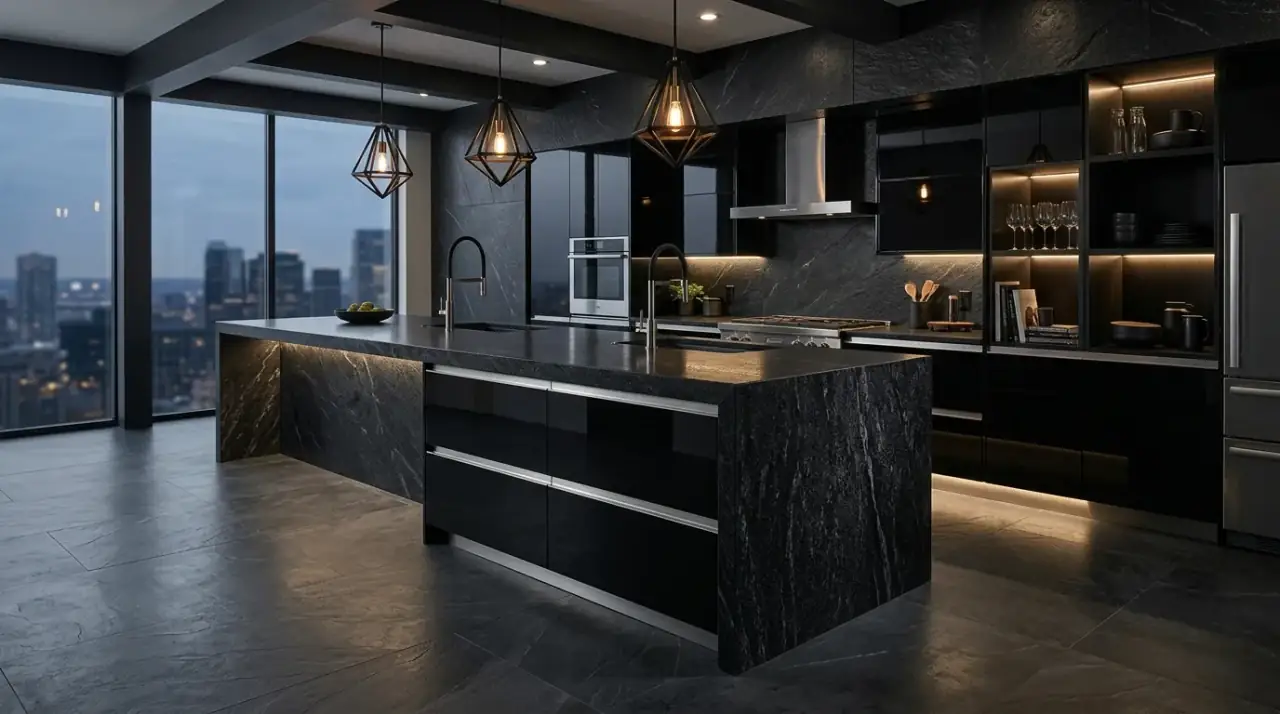 Fluted modern kitchen island. Striking contemporary kitchen island with fluted textured detailing.