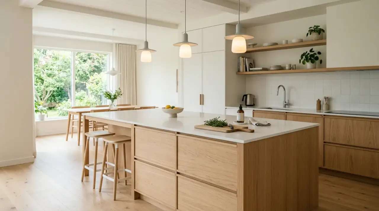 Wood modern kitchen island. Modern kitchen island in warm wood softening a minimalist contemporary space.