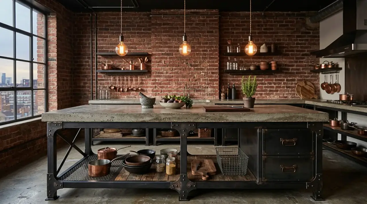 Long modern kitchen island. Contemporary kitchen with an extra-long island creating strong visual presence.