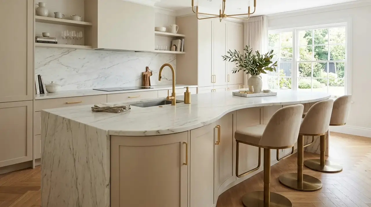 Hidden storage modern island. Modern kitchen island with concealed storage preserving a clean silhouette.
