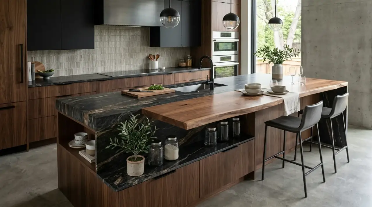 Stone veined modern island. Contemporary kitchen island using bold stone veining as its main visual feature.
