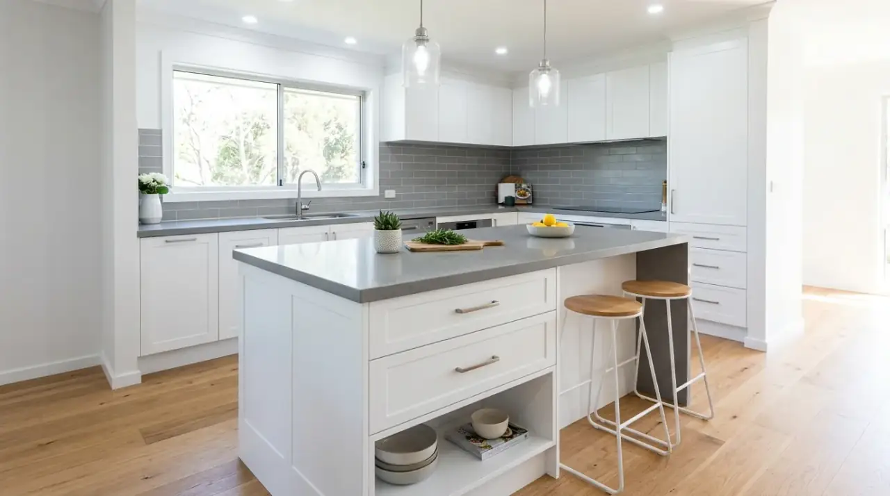 Floating seating kitchen island. Modern kitchen island with light contemporary seating integration.