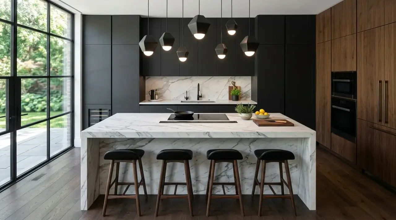 Modern island lighting. Contemporary kitchen island highlighted by bold modern pendant lighting.