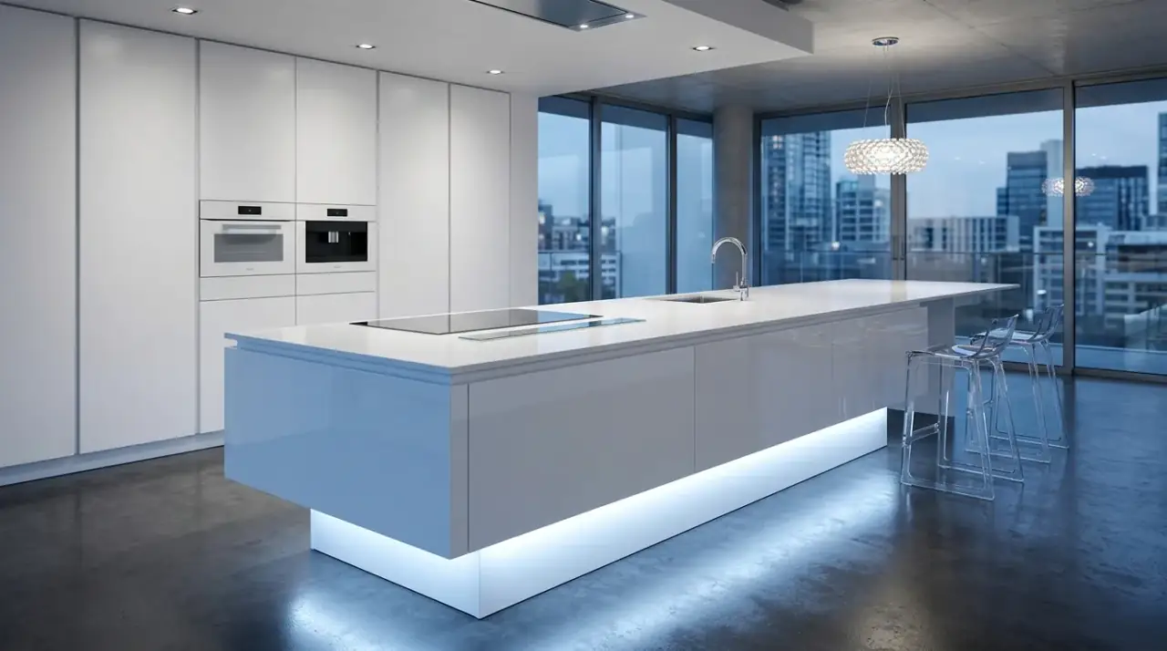 Mixed finish modern island. Modern kitchen island combining matte cabinetry with a sleeker countertop finish.