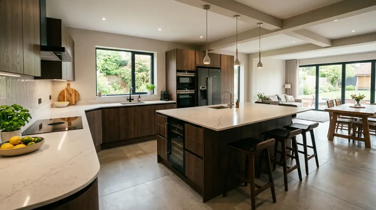 Statement material island. Modern kitchen island using the room's strongest material as a focal point.