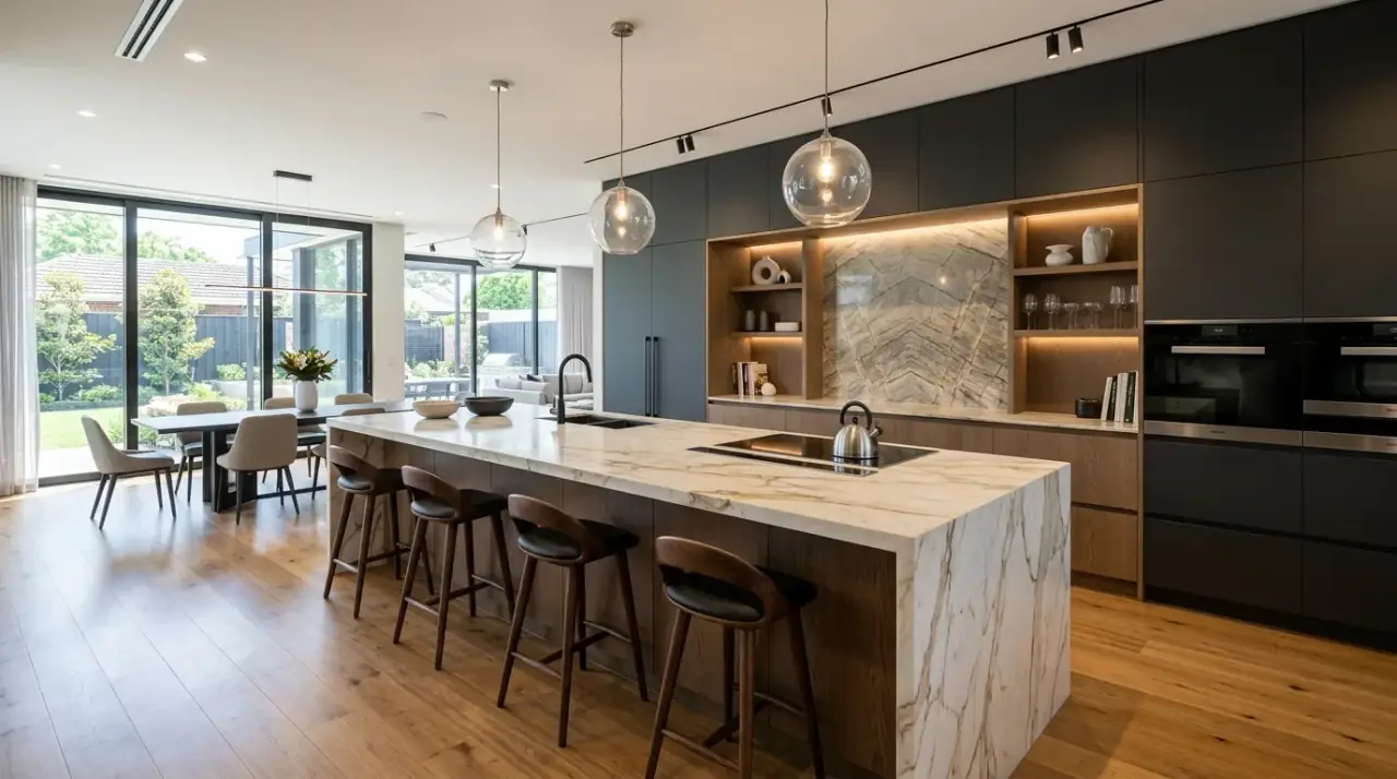 Modern kitchen island overview. Striking contemporary island design balancing focal-point style with everyday use.