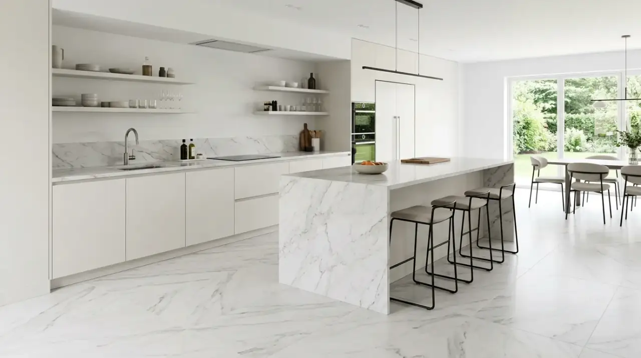 Terracotta patterned kitchen tile. Warm patterned terracotta floor tile creating an earthy kitchen foundation.