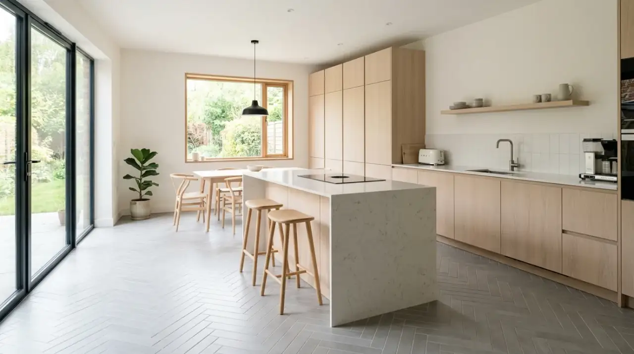 Large scale kitchen floor pattern. Stunning large scale patterned tile grounding a spacious kitchen.