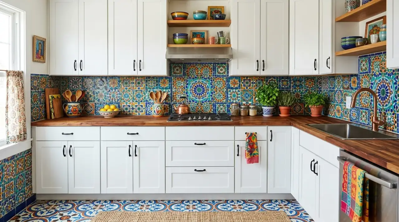 Patterned floor with simple cabinets. Kitchen with stunning floor tile balanced by quieter cabinetry.