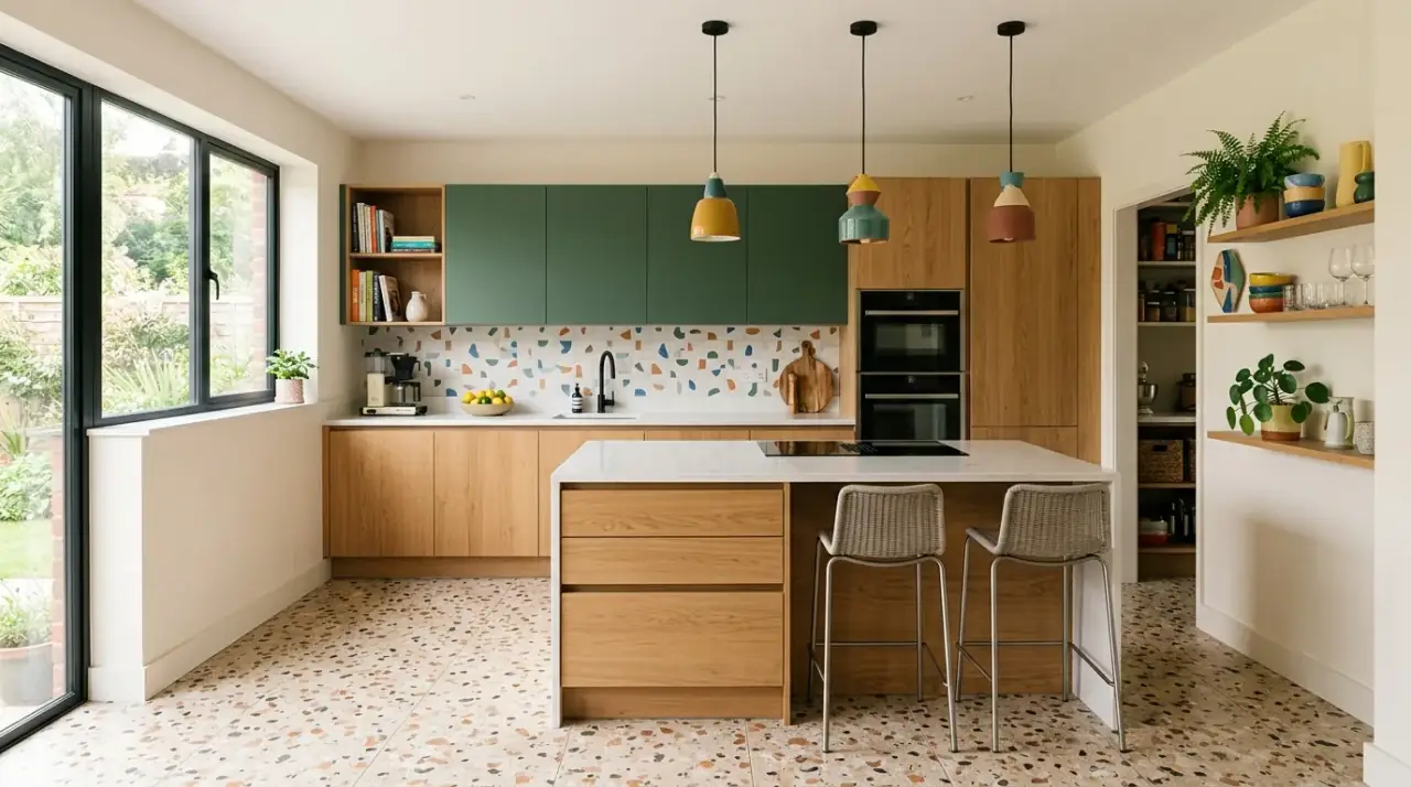 Cement look kitchen floor tile. Patterned cement style floor tile adding artisan depth to the kitchen.