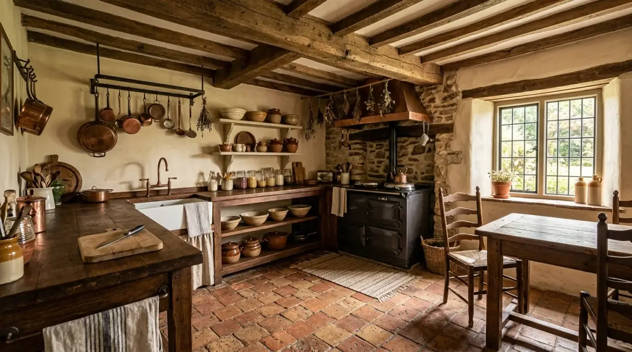 Coordinated kitchen floor tile colors. Kitchen floor tile pattern tied into the room's wider color palette.