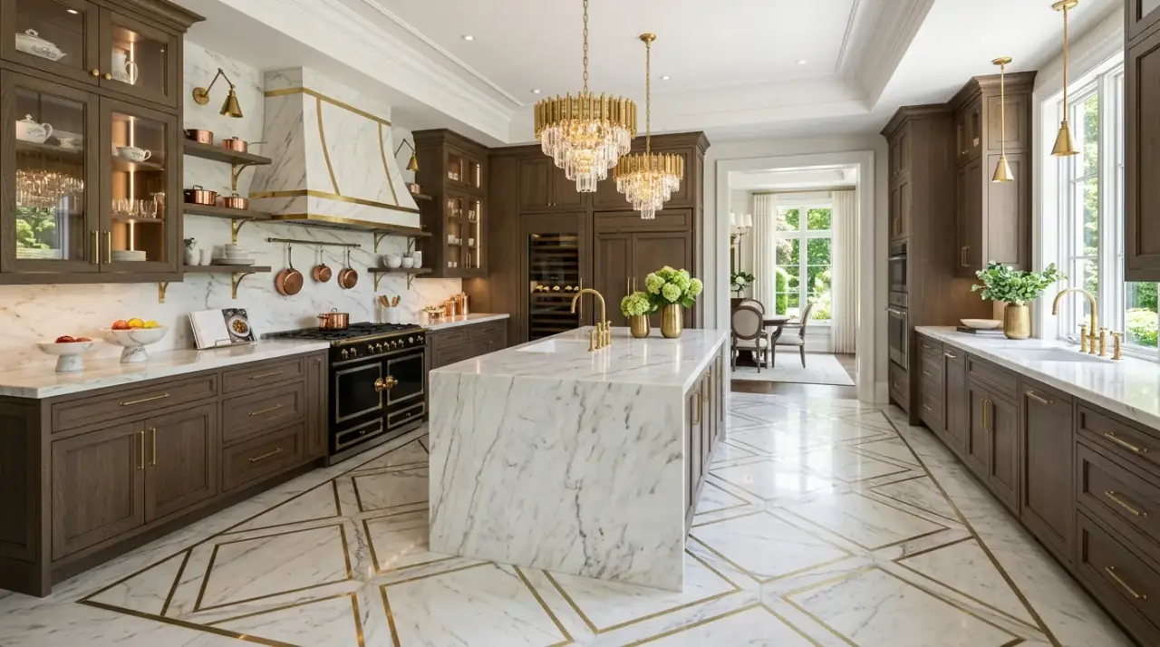 Open view patterned kitchen floor. Stunning patterned kitchen tile left visible as the room's foundation.
