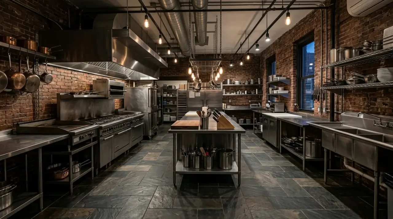 Small kitchen patterned tile. Compact kitchen with patterned floor tile adding personality underfoot.