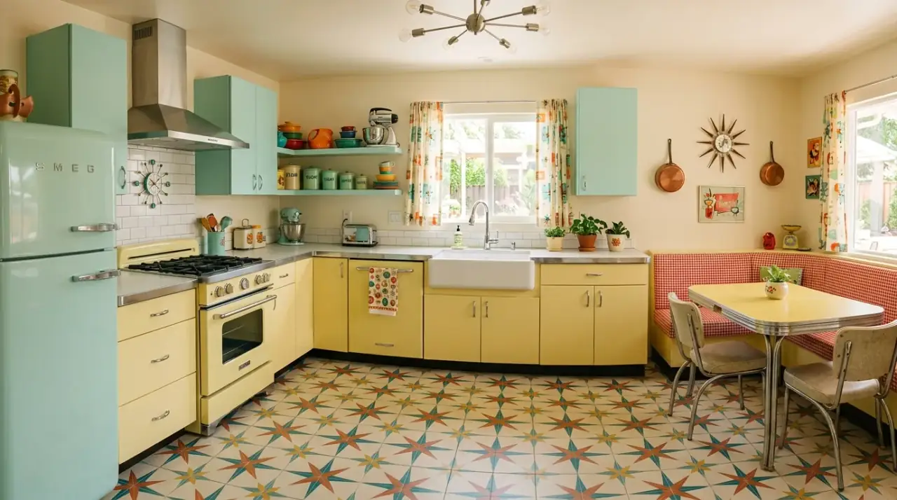 Patterned floor kitchen refresh. Stunning kitchen floor tile updating the room without changing cabinets.