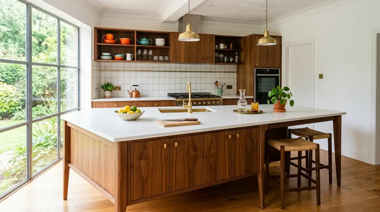 Stunning mid-century modern kitchen island idea with warm retro style.