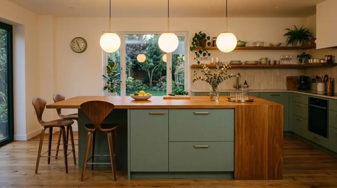 Colorful mid-century kitchen island. Retro accent color giving the island stronger visual presence.